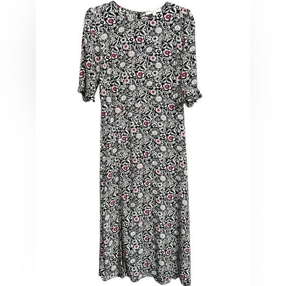 LOFT Women’s Black White Pink Floral Ruffle Cuff Midi Dress Zip Back - Size 12 - Picture 2 of 10